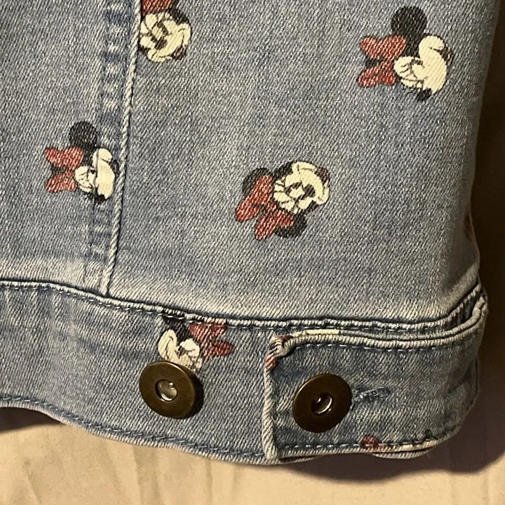 Disney‎ Adult Minnie Mouse All Over Face Print Denim Jean Jacket Women's XSmall